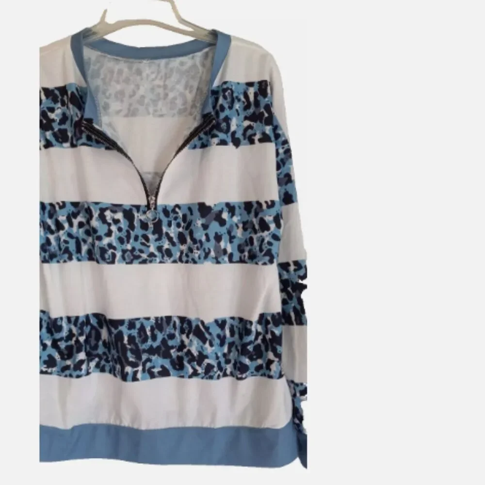 Long Sleeve T-shirt  Sz L  NEW Crew Neck Casual Blouse 1/4 zip blue/white Women - Picture 7 of 13